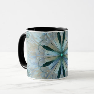 Caneca Abstrato Flor Fractal Teal Cinza Azul Branco
