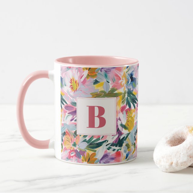 Caneca Abstrato Floral Elegante Pastel Rosa Monograma (Com Donut)