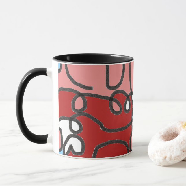 Caneca Abstrato Floral Vermelho, Rosa e Azul (Com Donut)