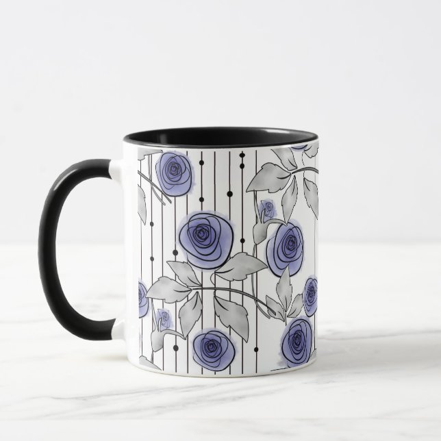 Caneca Abstrato moderna rosas flores violeta cinza branca (Esquerda)