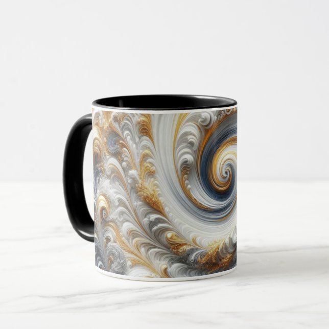 Caneca Abstrato moderno girando Dourado, preto e branco (Frente Esquerda)