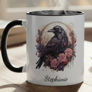 Caneca Academia Sombria Floral Gótica Corvo