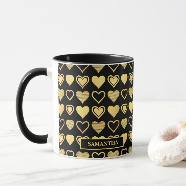 Caneca Acento de Corações Dourados Metálicos Presente do  (Com Donut)