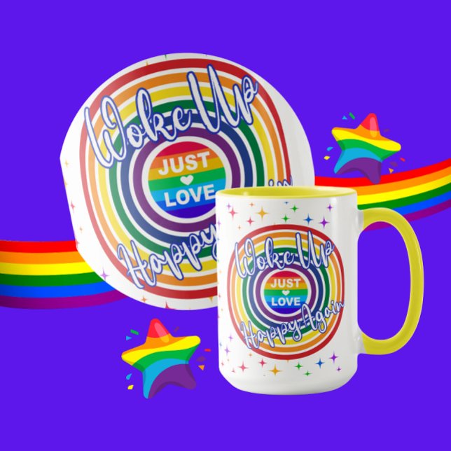 Caneca Acordou Feliz de Novo Arco-íris com Estrelas (Criador carregado)