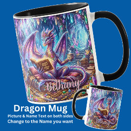 Caneca Adicionar Nome Dragão Fantasia com Livro & Café