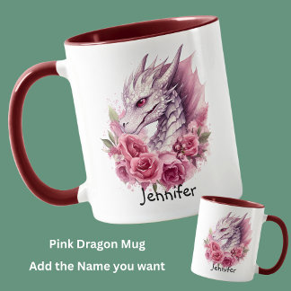 Caneca Adicionar nome, Dragão Rosa com Flores