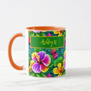 Caneca Adicionar Nome Texto Tropical Hibiscus Flor Selva 