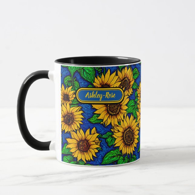 Caneca Adicionar Ouro de Nome Girassóis e Folhas em Azul  (Esquerda)