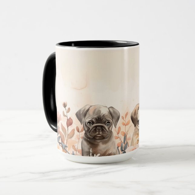 Caneca Adoráveis Três Pugs De Aquarela (Frente Esquerda)