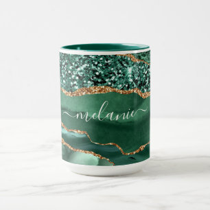 Caneca Agate Green Glitter Marble Custom Name Mug