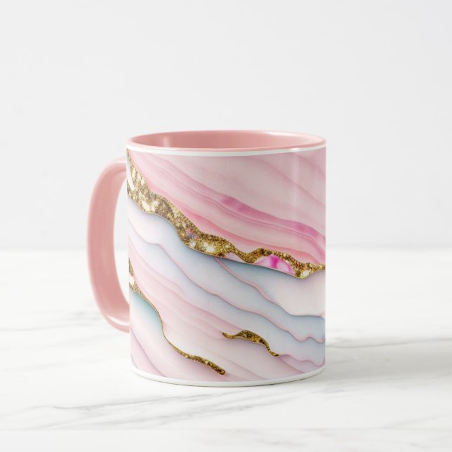 Caneca Agate Marble Trendy Blue Coleção Dourada Rosa (Frente Esquerda)