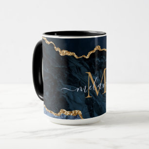 Caneca Agate Marinho Azul Dourado Marble Monograma Nome M