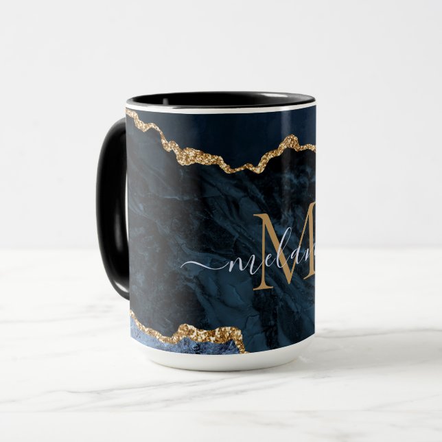 Caneca Agate Marinho Azul Dourado Marble Monograma Nome M (Frente Esquerda)