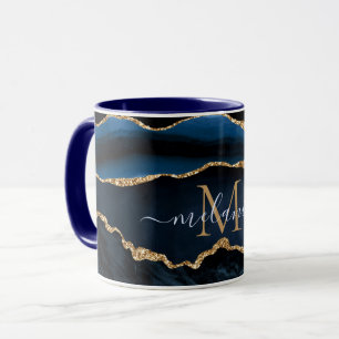Caneca Agate Marinho Azul Dourado Marble Nome Personaliza