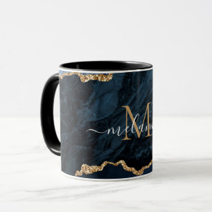 Caneca Agate Marinho Azul Dourado Marble Seu Nome Carta M
