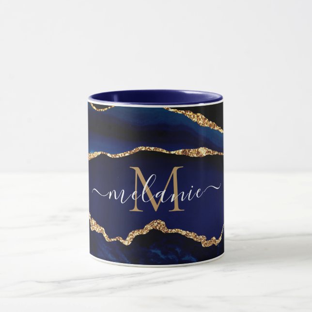 Caneca Agate Marinho Azul Dourado Marble Seu Nome Carta M (Centro)