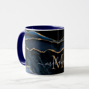 Caneca Agate Marinho Blue Gemstone Marble Monograma Nome