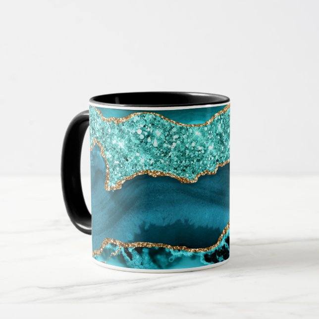 Caneca Agate Teal Blue Glitter Marble Aqua Turquoise (Frente Esquerda)