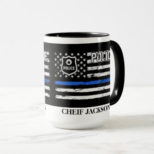 Caneca Agente Policial Blue Line Flag Crachá Coffee Mug