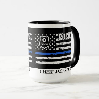 Caneca Agente Policial Blue Line Flag Crachá Coffee Mug