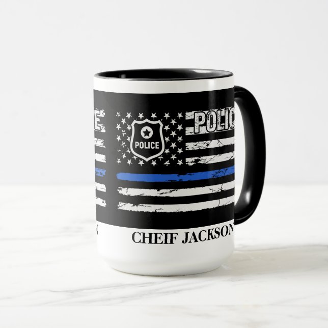 Caneca Agente Policial Blue Line Flag Crachá Coffee Mug (Frente Esquerda)