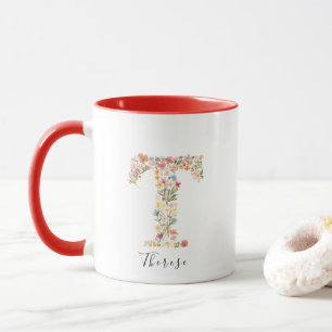 Caneca Água Floral Letter T Monograma & Nome Personalizad