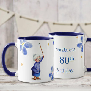 Caneca Água-forte Floral Azul de Aniversário de 80 Anos
