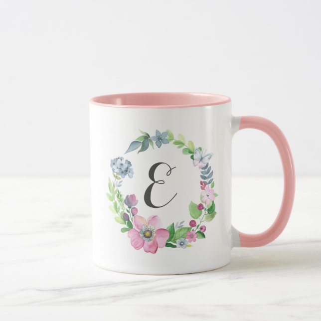 Caneca Aguarela de Boho floral & monograma da borboleta | (Direita)
