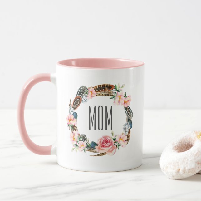 Caneca Aguarela floral com dia das mães das penas | (Com Donut)