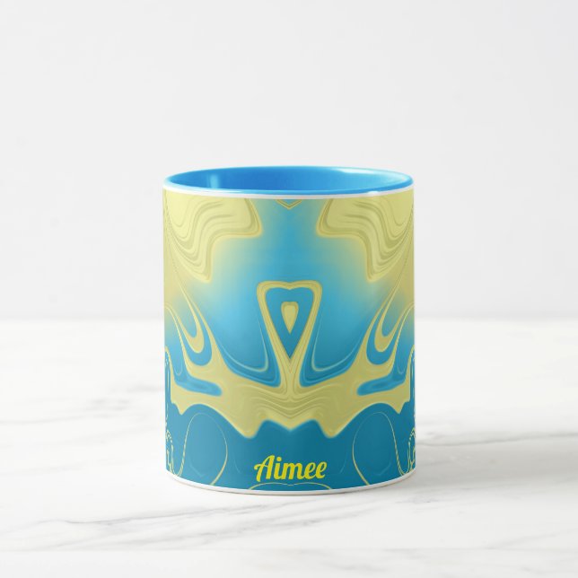 Caneca AIMEE ~ Zany 3D Fractal ~ Amarelo Azul 3D (Centro)