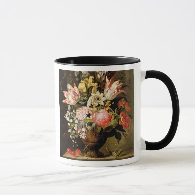 Caneca Ainda vida das flores em um vaso com um lagarto em (Direita)