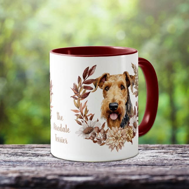 Caneca Airedale Terrier Dog Autumn Wreath (Criador carregado)