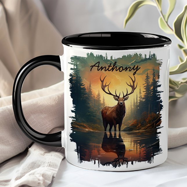 Caneca Alce no Reflexo da Floresta ao Nascer do Sol (Criador carregado)