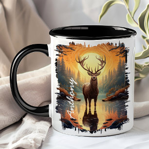 Caneca Alce no reflexo do lago da floresta de outono