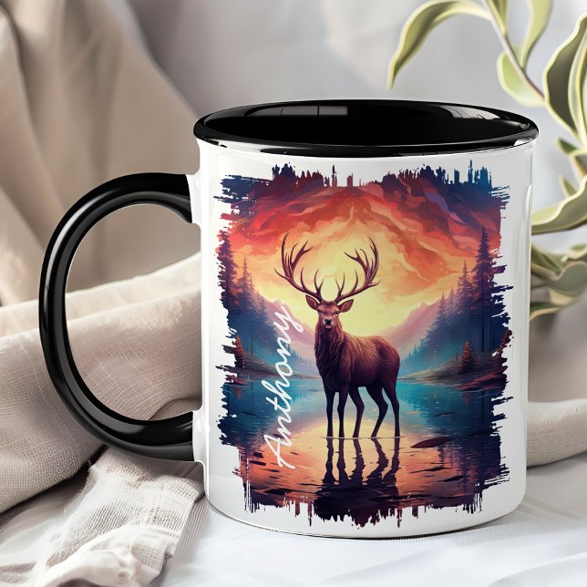 Caneca Alce no reflexo do lago Sunset Mountain (Criador carregado)