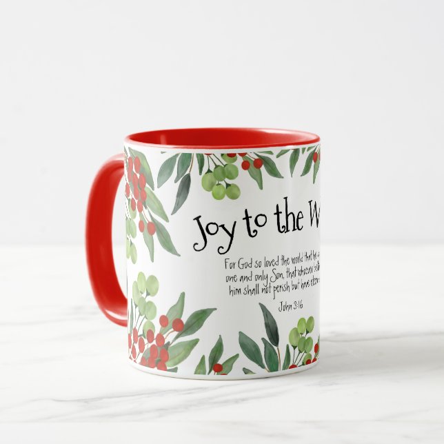 Caneca Alegria ao Mundo John 3:16 Red Faith Natal (Frente Esquerda)