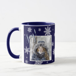 Caneca Alegria! Festivo White Snowflake Foto Marinho Azul