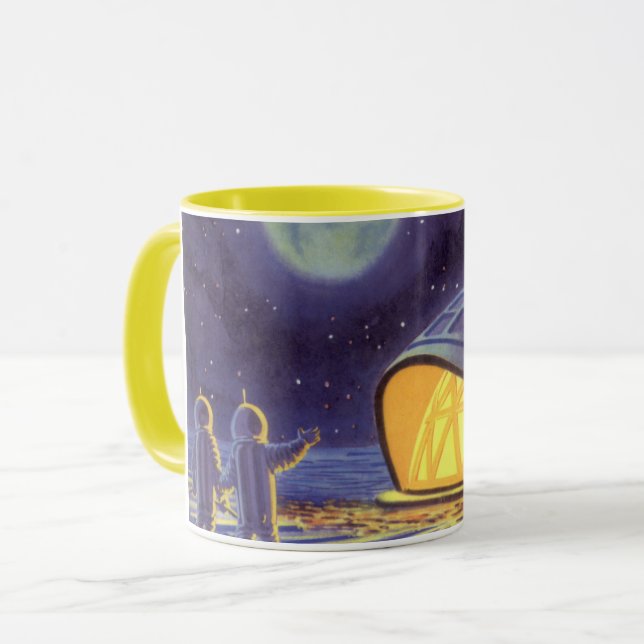 Caneca Aliens de ficção científica em lua planeta azul (Frente Esquerda)