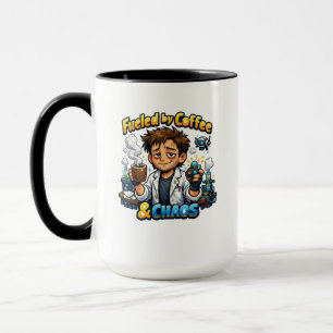 Caneca Alimentado por Café & Caos – Cientista Engraçado