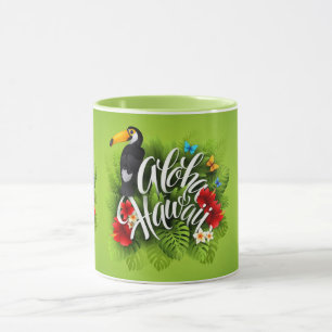 Caneca Aloha Hawaii Flores Folhagem Borboletas Amarelo
