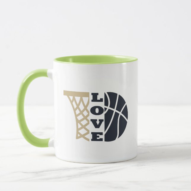 Caneca ama o aro de basquete e a bola azul (Esquerda)