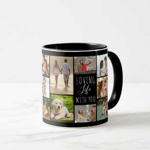 Caneca Amando a Vida Com Você Colagem de 14 Fotos Preto