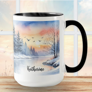 Caneca Amanhecer no Lago de Inverno em Aquarela Nome Pers