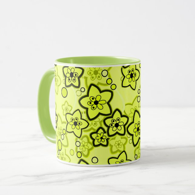 Caneca Amarelo com padrão floral neon brilhante preto (Frente Esquerda)
