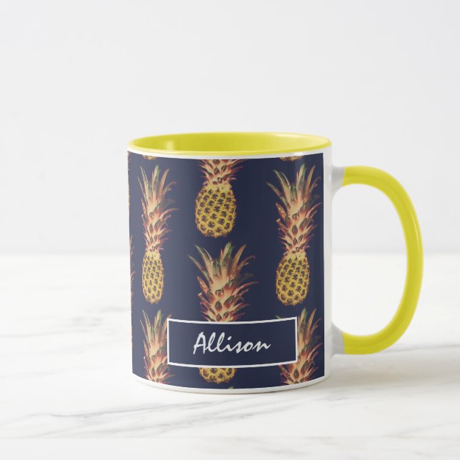 Caneca Amarelo tropical dos azuis marinhos dos abacaxis (Direita)