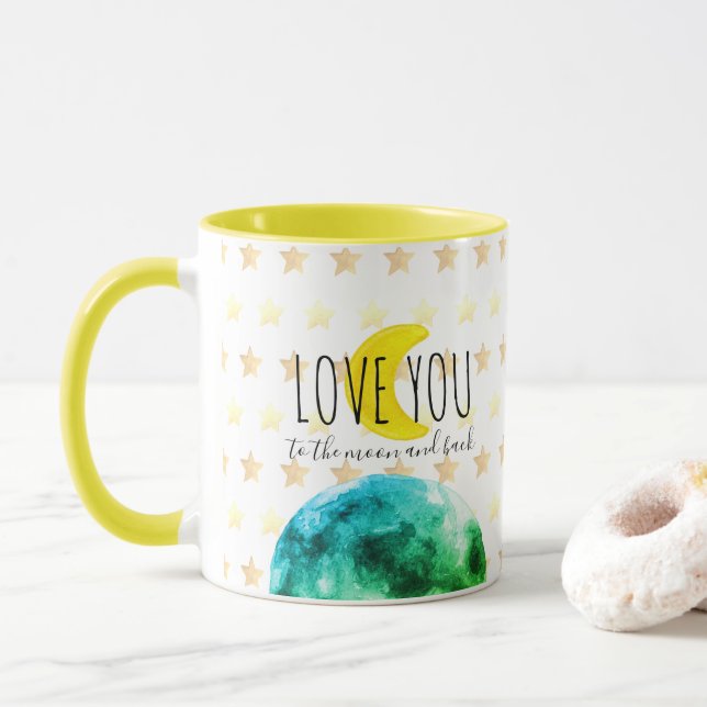 Caneca "Ame-te à Lua e Volta" Terra, Lua, Estrelas (Com Donut)