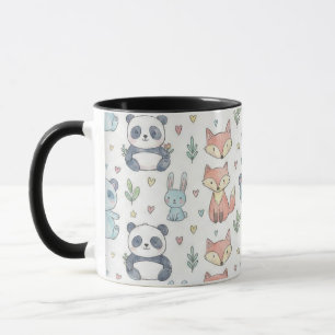 Caneca Amigos da Floresta em Aquarela Pastel e Padrão de 