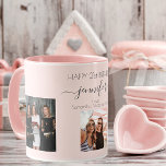 Caneca Amigos personalizados de fotos de aniversário blus<br><div class="desc">Um presente de amigos para a aniversário de 21 anos de uma mulher, celebrando sua vida com 3 fotos suas, de seus amigos, família, interesses ou animais de estimação. Personalize e adicione seu nome, 21 anos e seus nomes. Letras pretas coloridas. Um fundo cor-de-rosa brilhante, feminino, cor-de-rosa dourado. O nome...</div>