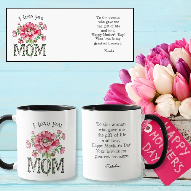 Caneca Amo-te a mensagem/nome personalizado da flor MOM (I love you MOM flower custom message/name Mug)