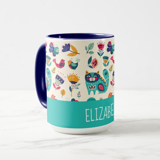 Caneca Amor Gatos Escandinavos Raparigas de Arte Folclóri (Frente Esquerda)